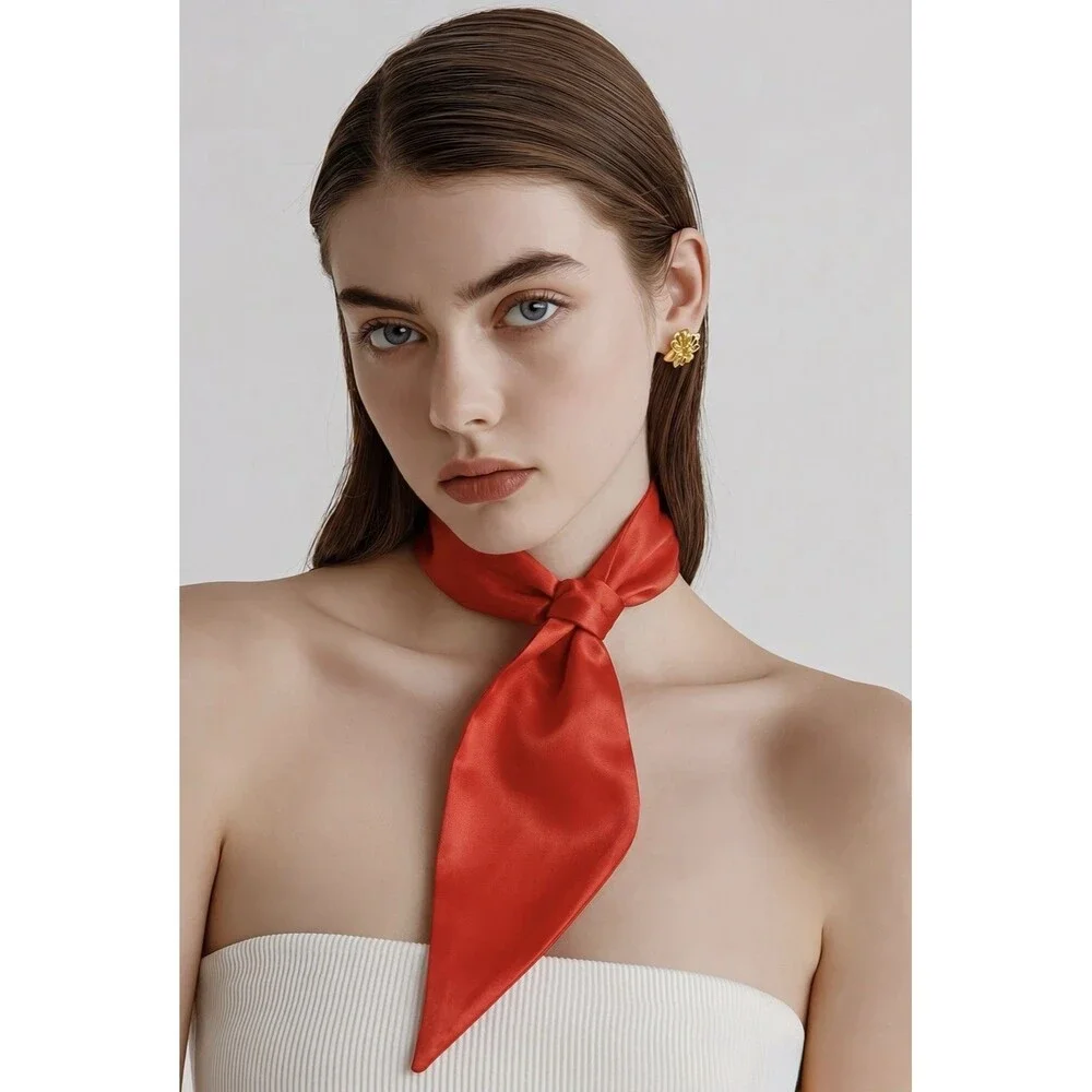 Red Satin Neck Scarf Tie Wrap Bandana neck Accessory 30” Long Vintage Style